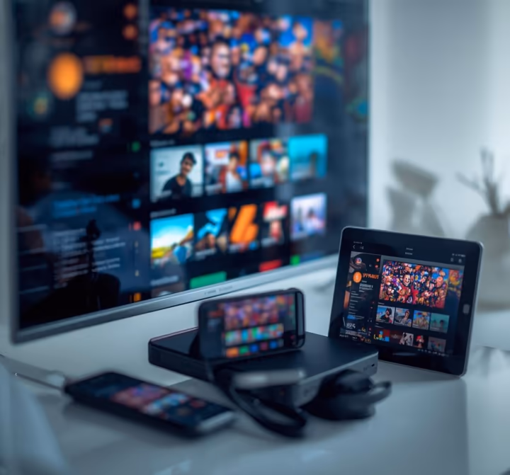 Télévision, tablette et téléphone présentant une interface de divertissement Atlas Pro